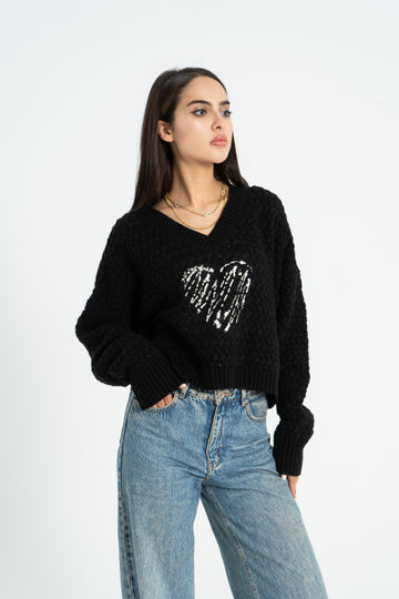 Heart Print Cropped Pullover - Black