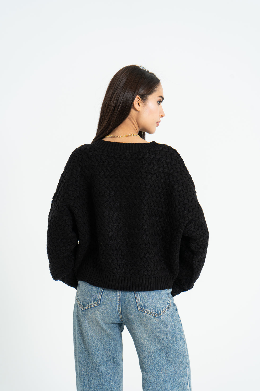Heart Print Cropped Pullover - Black