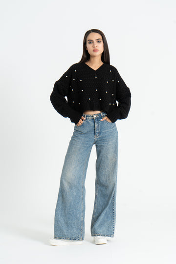 Pearls Cropped Pullover - Black